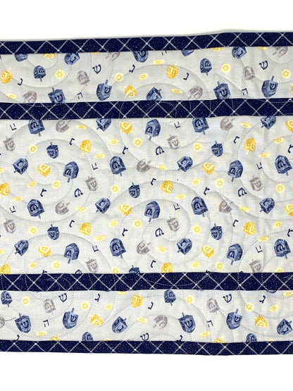 Hanukkah Quilted Table Runner: Handmade, Dreidals, Blue, Gold, Chanukah Decor, 15x49
