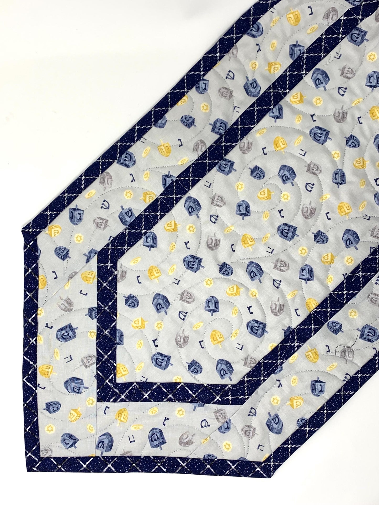 Hanukkah Quilted Table Runner: Handmade, Dreidals, Blue, Gold, Chanukah Decor, 15x49