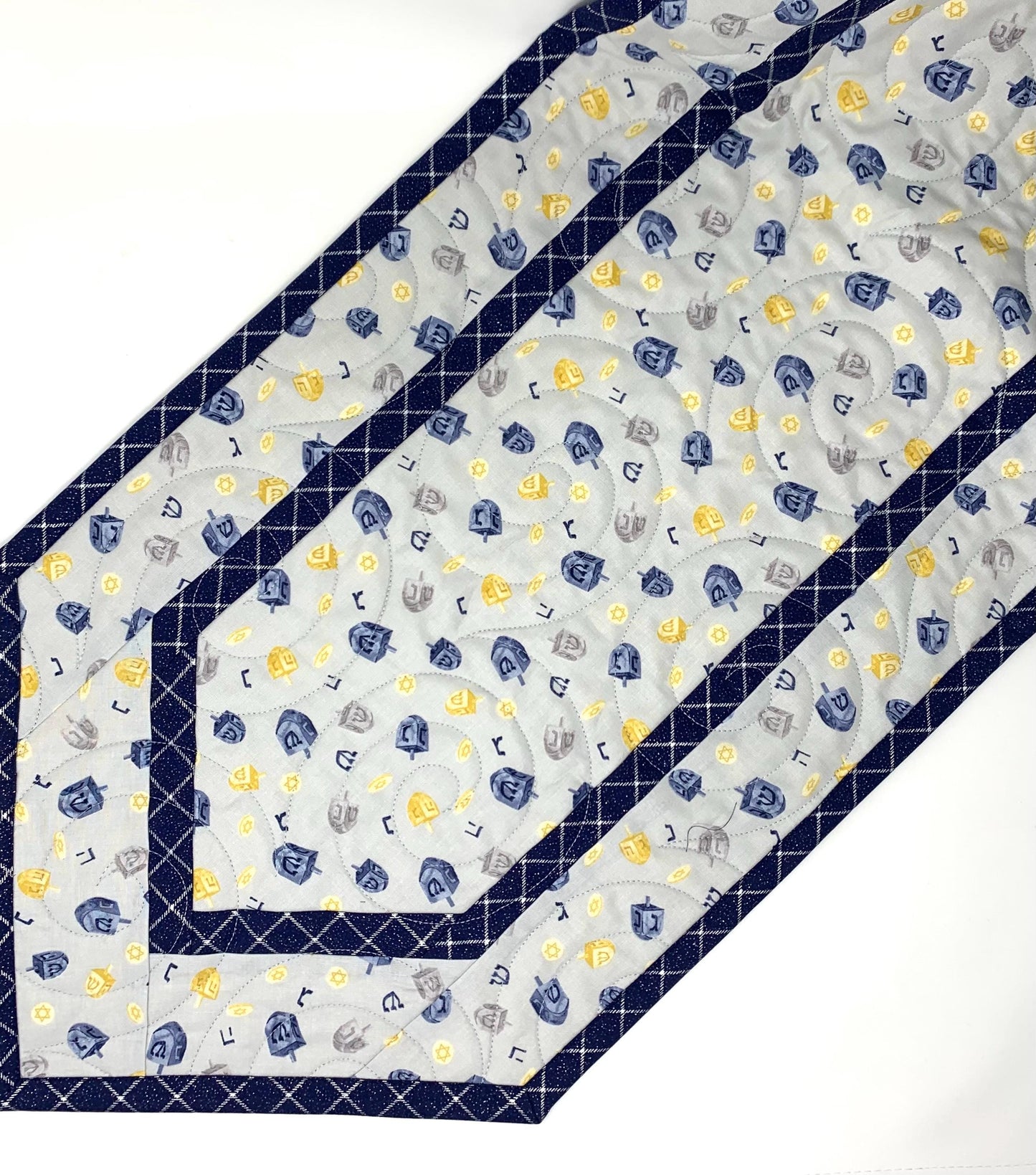 Hanukkah Quilted Table Runner: Handmade, Dreidals, Blue, Gold, Chanukah Decor, 15x49