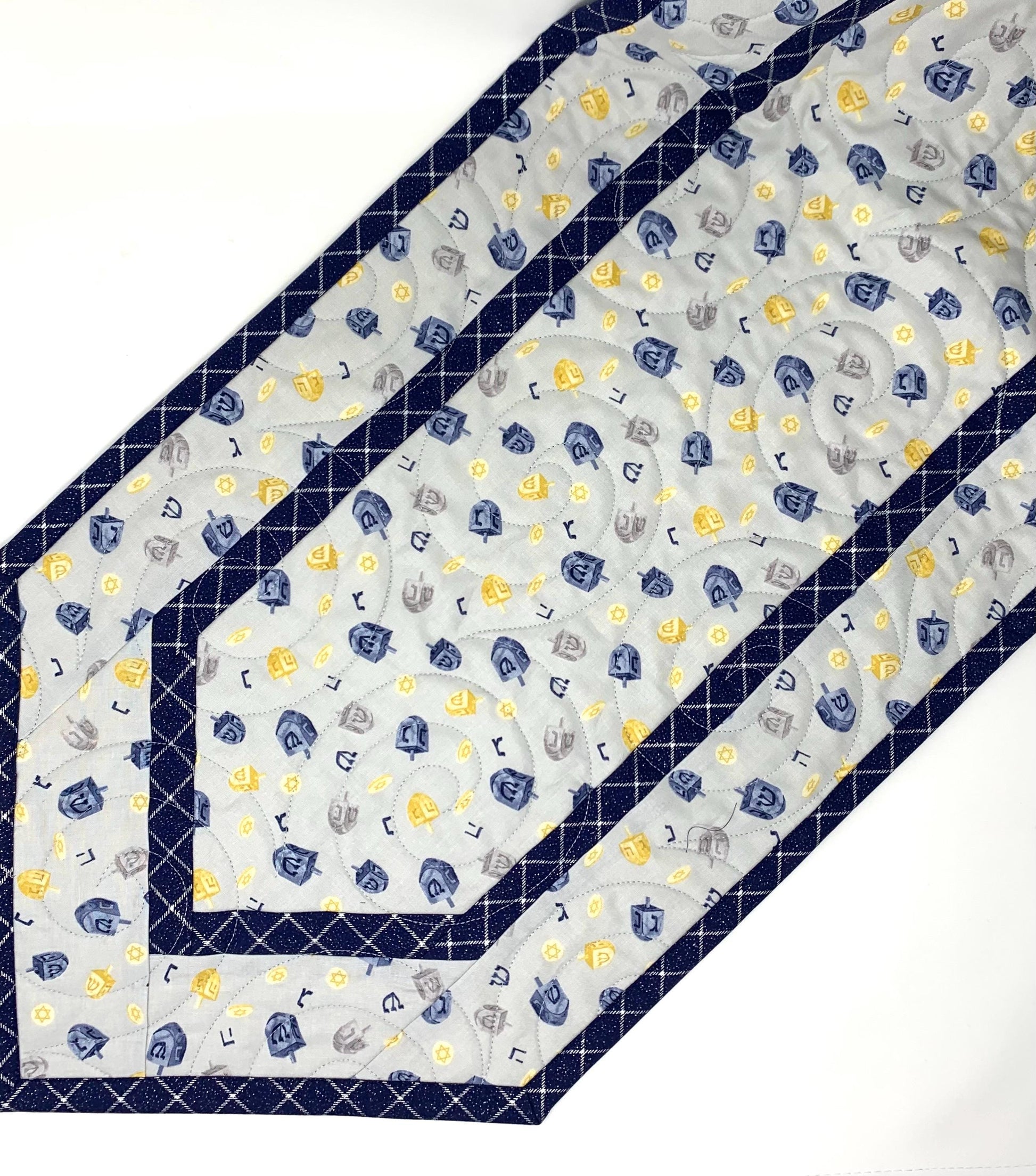 Hanukkah Quilted Table Runner: Handmade, Dreidals, Blue, Gold, Chanukah Decor, 15x49