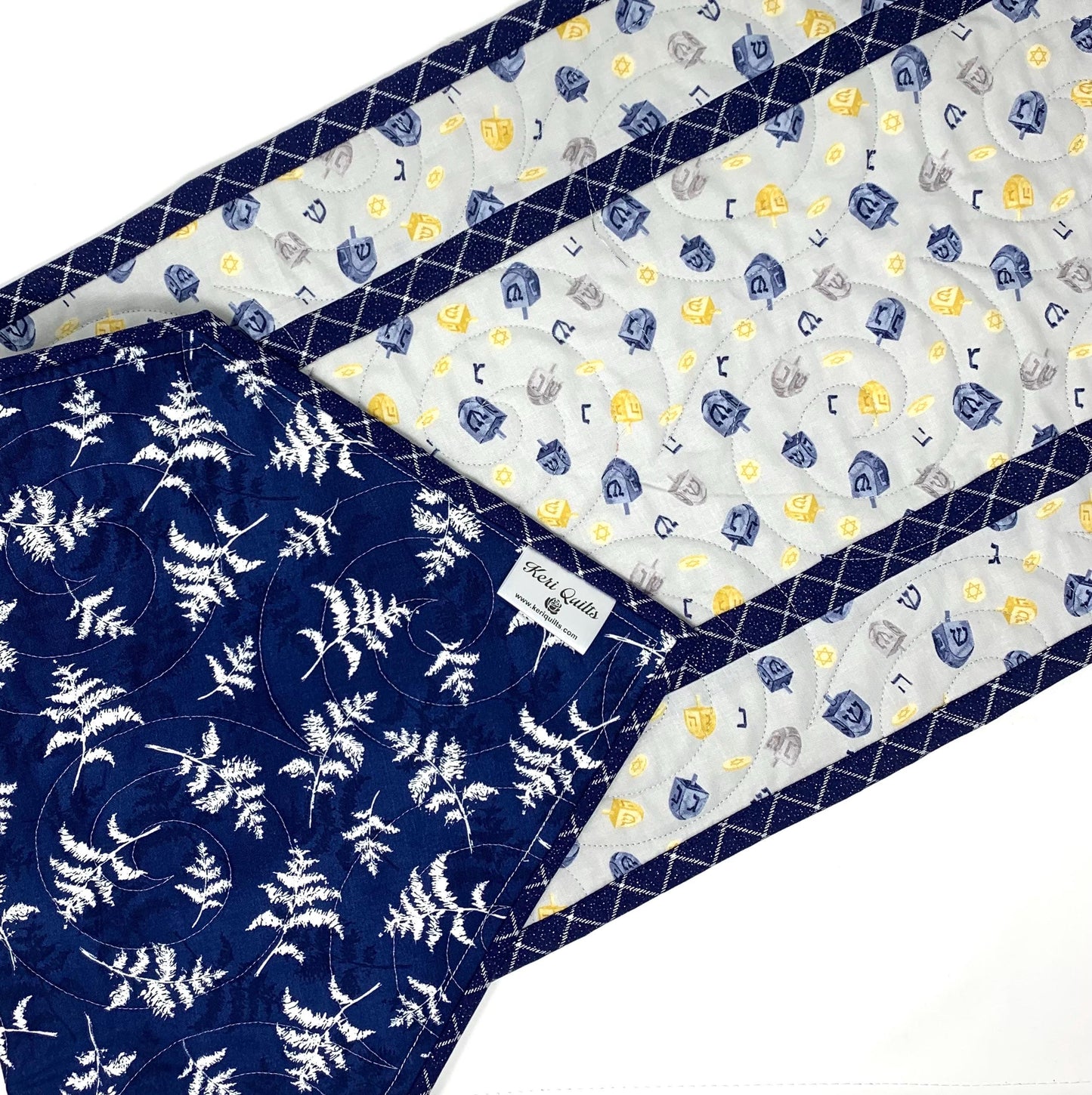 Hanukkah Quilted Table Runner: Handmade, Dreidals, Blue, Gold, Chanukah Decor, 15x49