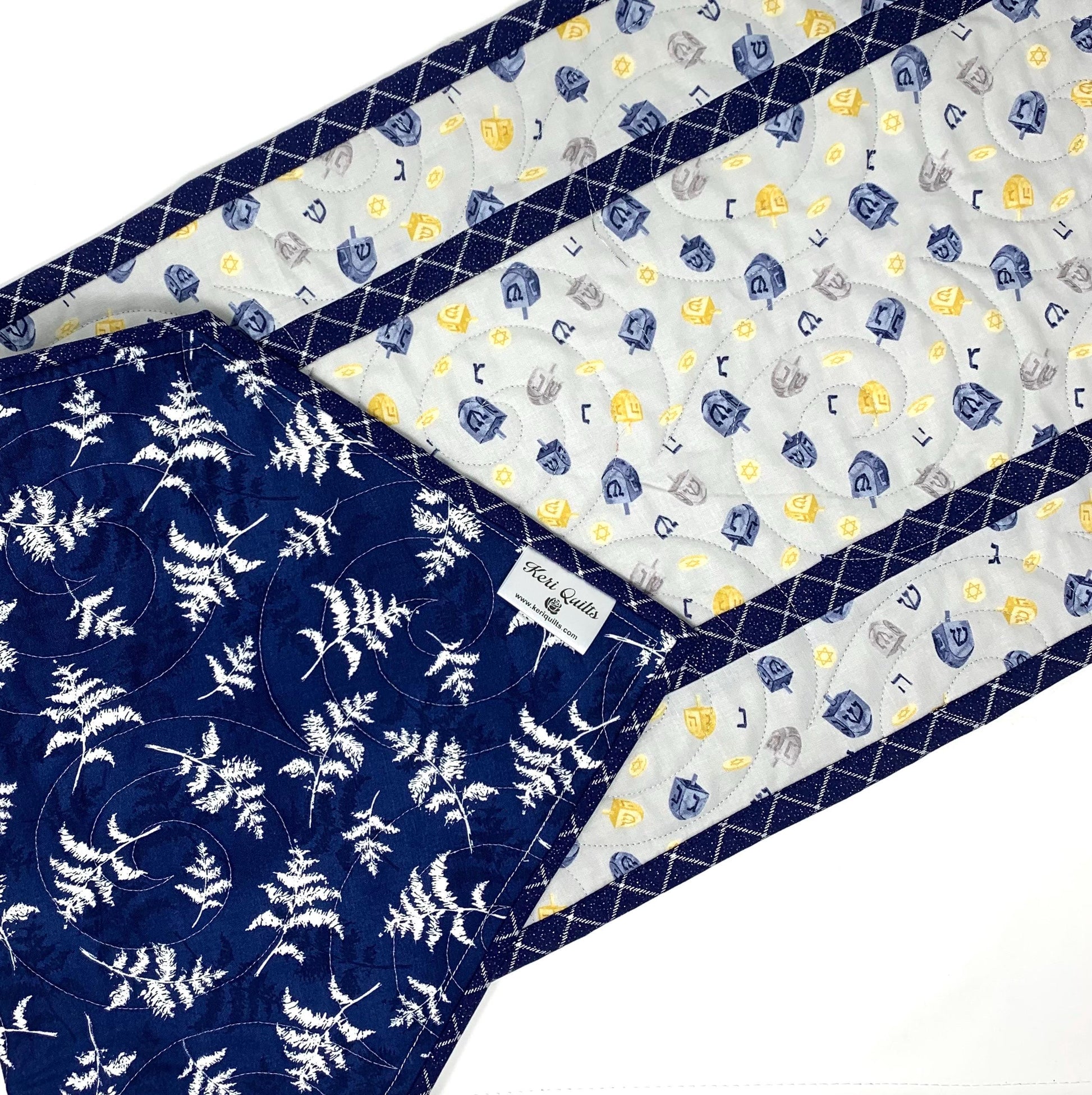 Hanukkah Quilted Table Runner: Handmade, Dreidals, Blue, Gold, Chanukah Decor, 15x49