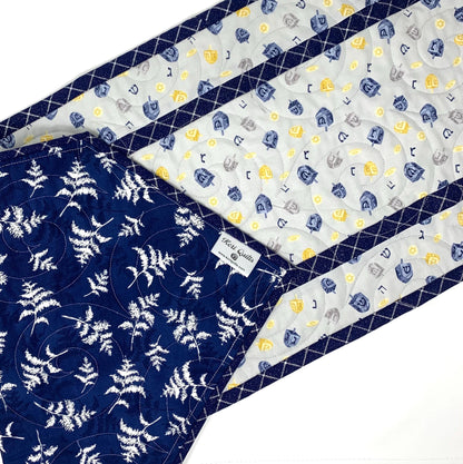 Hanukkah Quilted Table Runner: Handmade, Dreidals, Blue, Gold, Chanukah Decor, 15x49