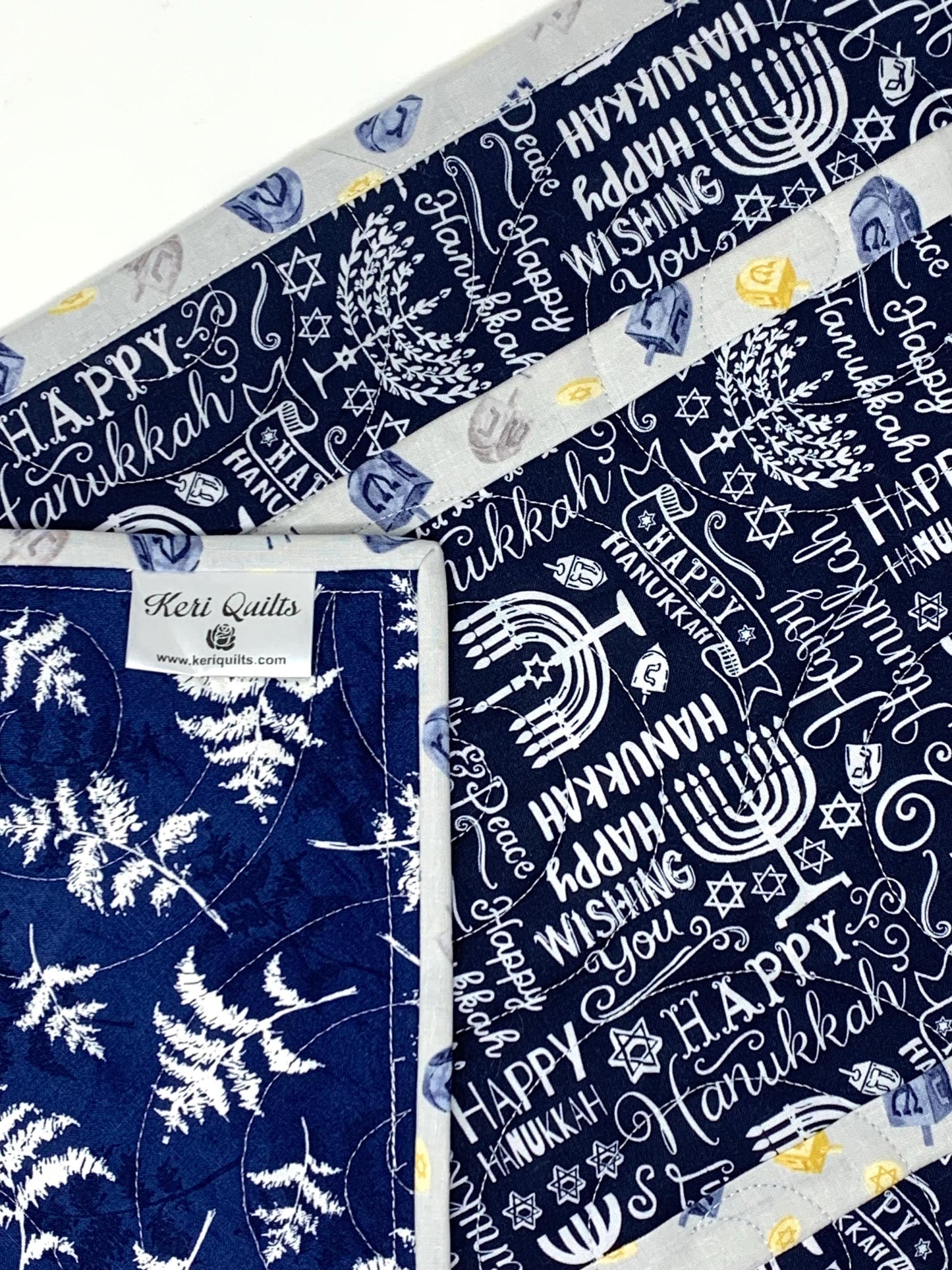 Hanukkah Quilted Table Runner: Handmade, Navy Blue, White, Menorrahs, Chanukah Decor, 15x49