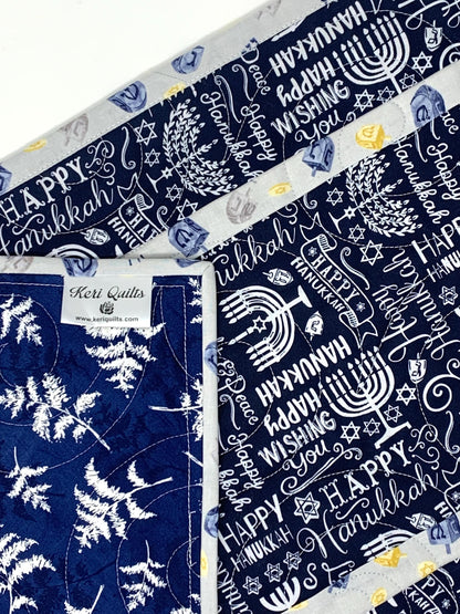 Hanukkah Quilted Table Runner: Handmade, Navy Blue, White, Menorrahs, Chanukah Decor, 15x49