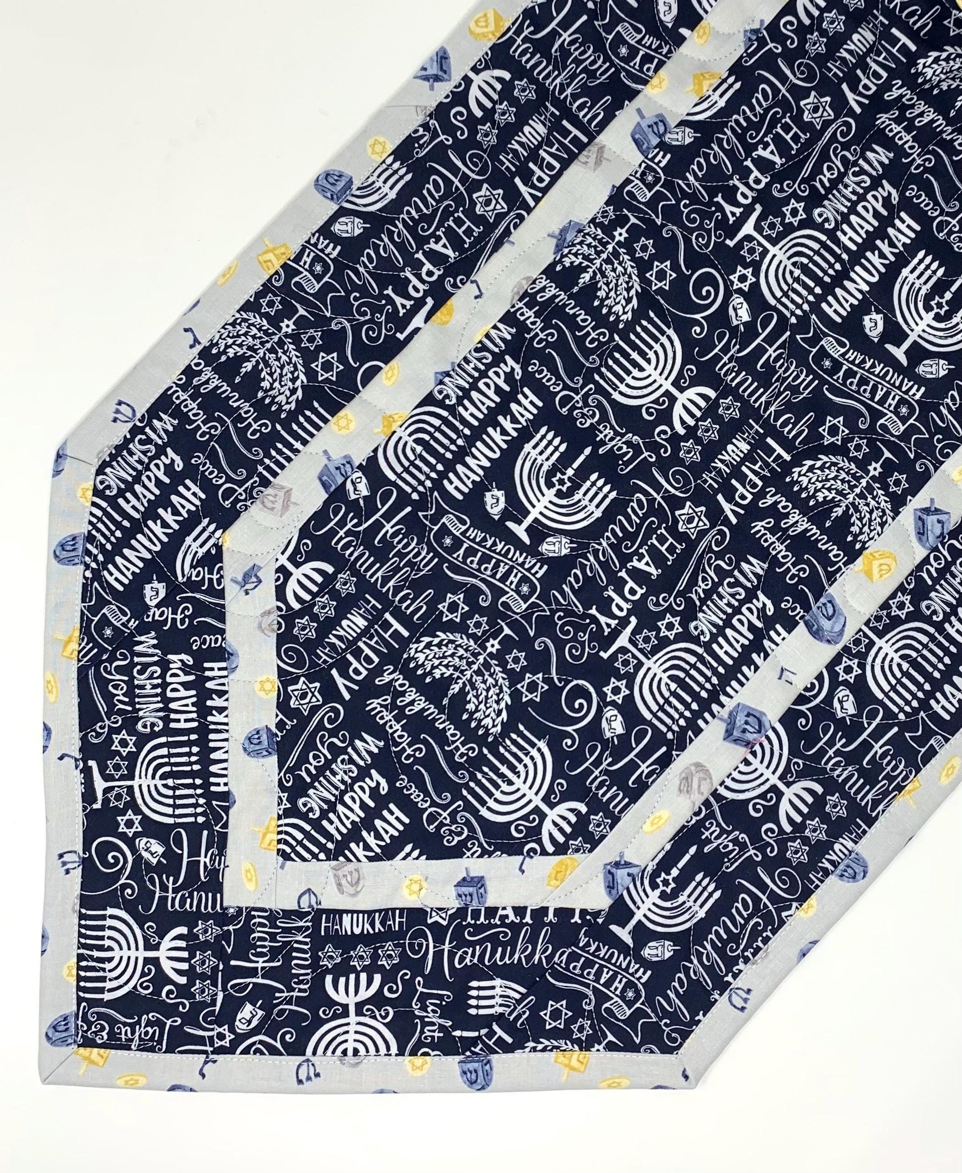 Hanukkah Quilted Table Runner: Handmade, Navy Blue, White, Menorrahs, Chanukah Decor, 15x49