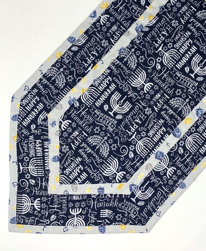 Hanukkah Quilted Table Runner: Handmade, Navy Blue, White, Menorrahs, Chanukah Decor, 15x49