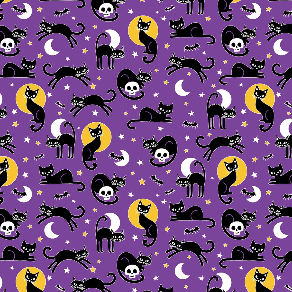 Halloween Fabric Yardage: Purple Spooky Cats, Glow in the Dark - Benartex