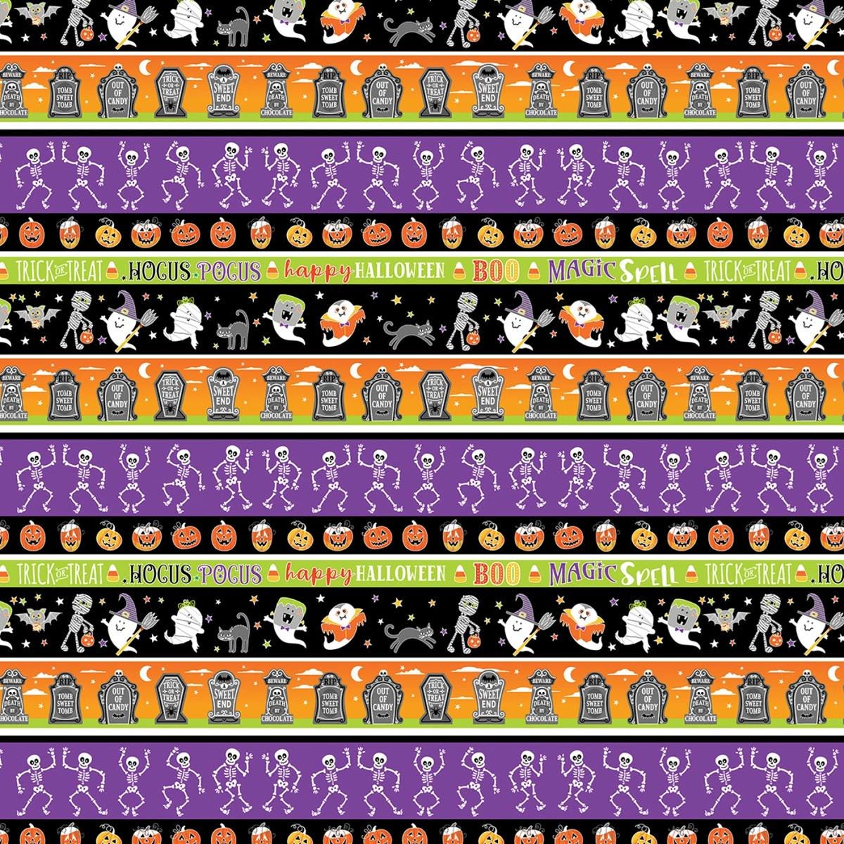 Halloween Fabric Yardage: Multi Haunted Stripe, Glow in the Dark - Benartex