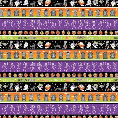 Halloween Fabric Yardage: Multi Haunted Stripe, Glow in the Dark - Benartex