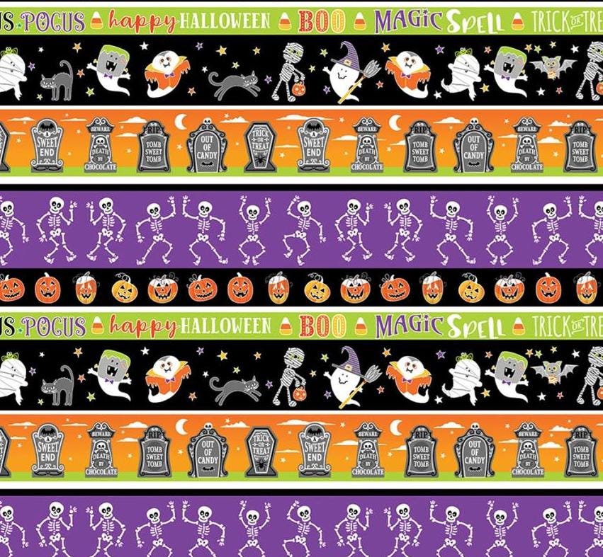 Halloween Fabric Yardage: Multi Haunted Stripe, Glow in the Dark - Benartex