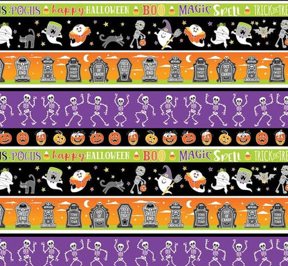 Halloween Fabric Yardage: Multi Haunted Stripe, Glow in the Dark - Benartex