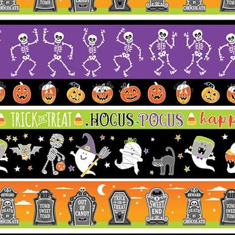 Halloween Fabric Yardage: Multi Haunted Stripe, Glow in the Dark - Benartex