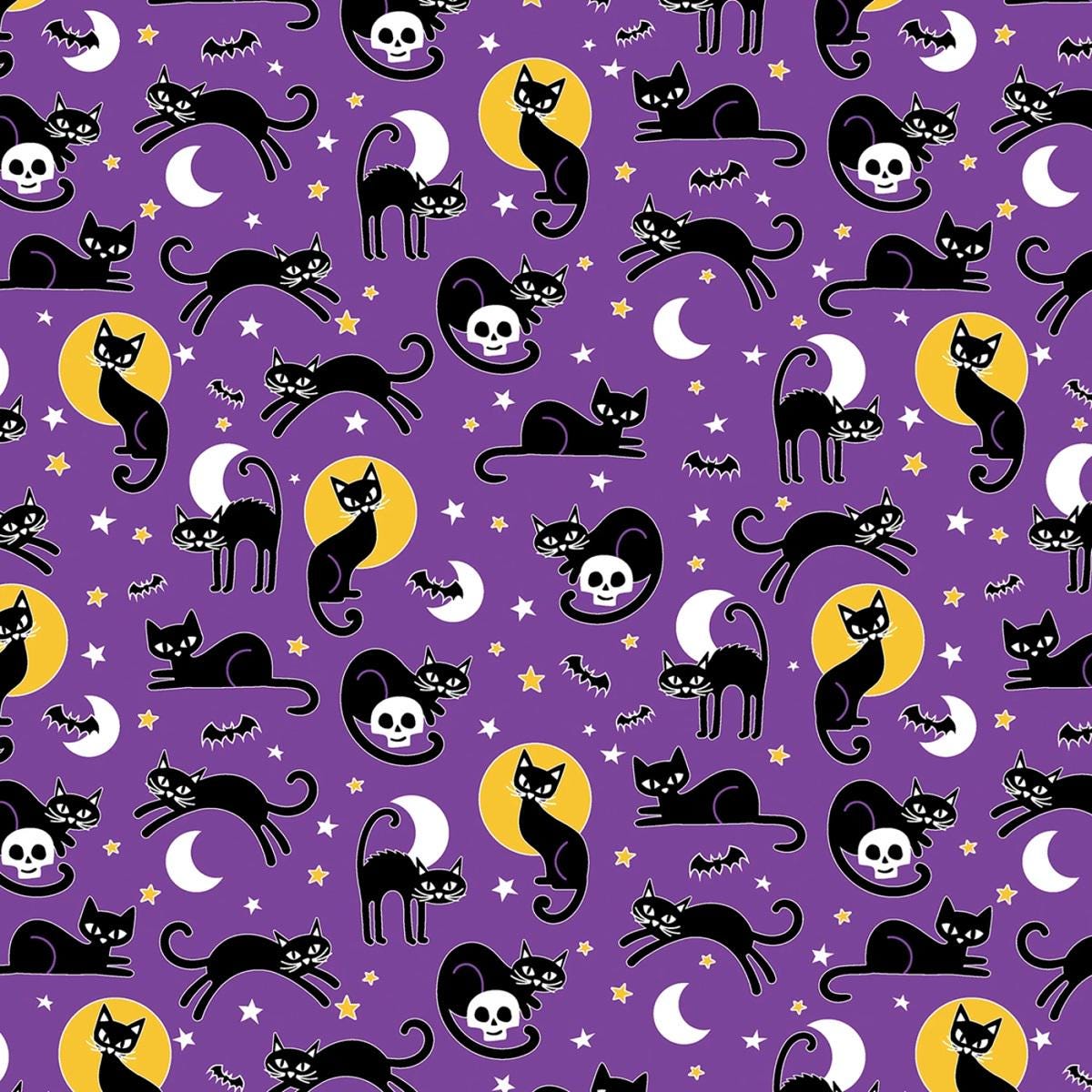 Halloween Fabric Yardage: Purple Spooky Cats, Glow in the Dark - Benartex