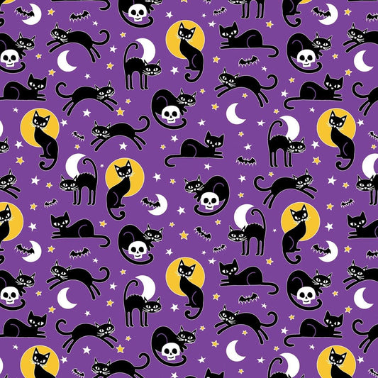 Halloween Fabric Yardage: Purple Spooky Cats, Glow in the Dark - Benartex
