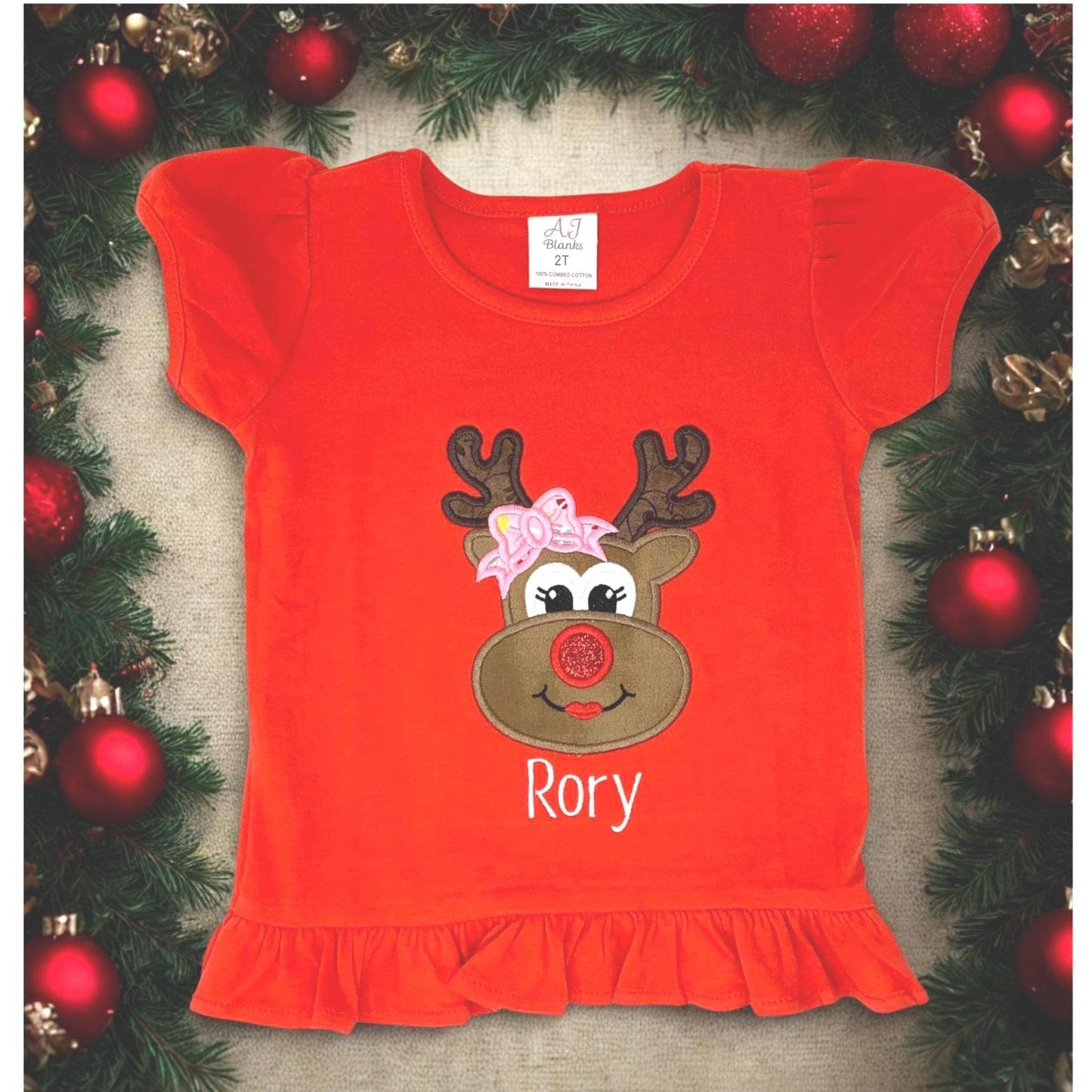 Girls Red Tee Shirt: Christmas, Reindeer applique, Toddler Girls, Personalized