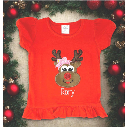 Girls Red Tee Shirt: Christmas, Reindeer applique, Toddler Girls, Personalized