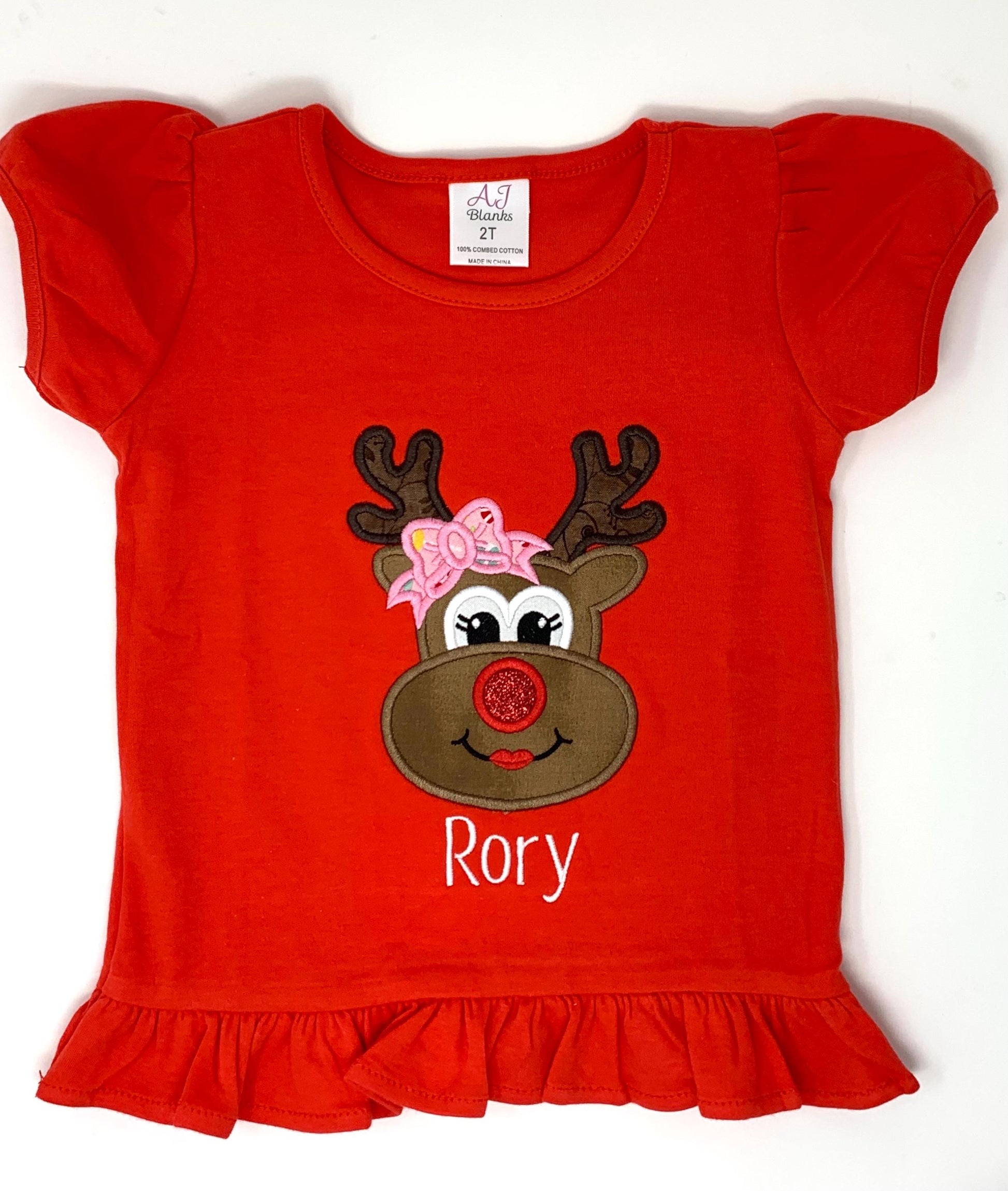 Girls Red Tee Shirt: Christmas, Reindeer applique, Toddler Girls, Personalized