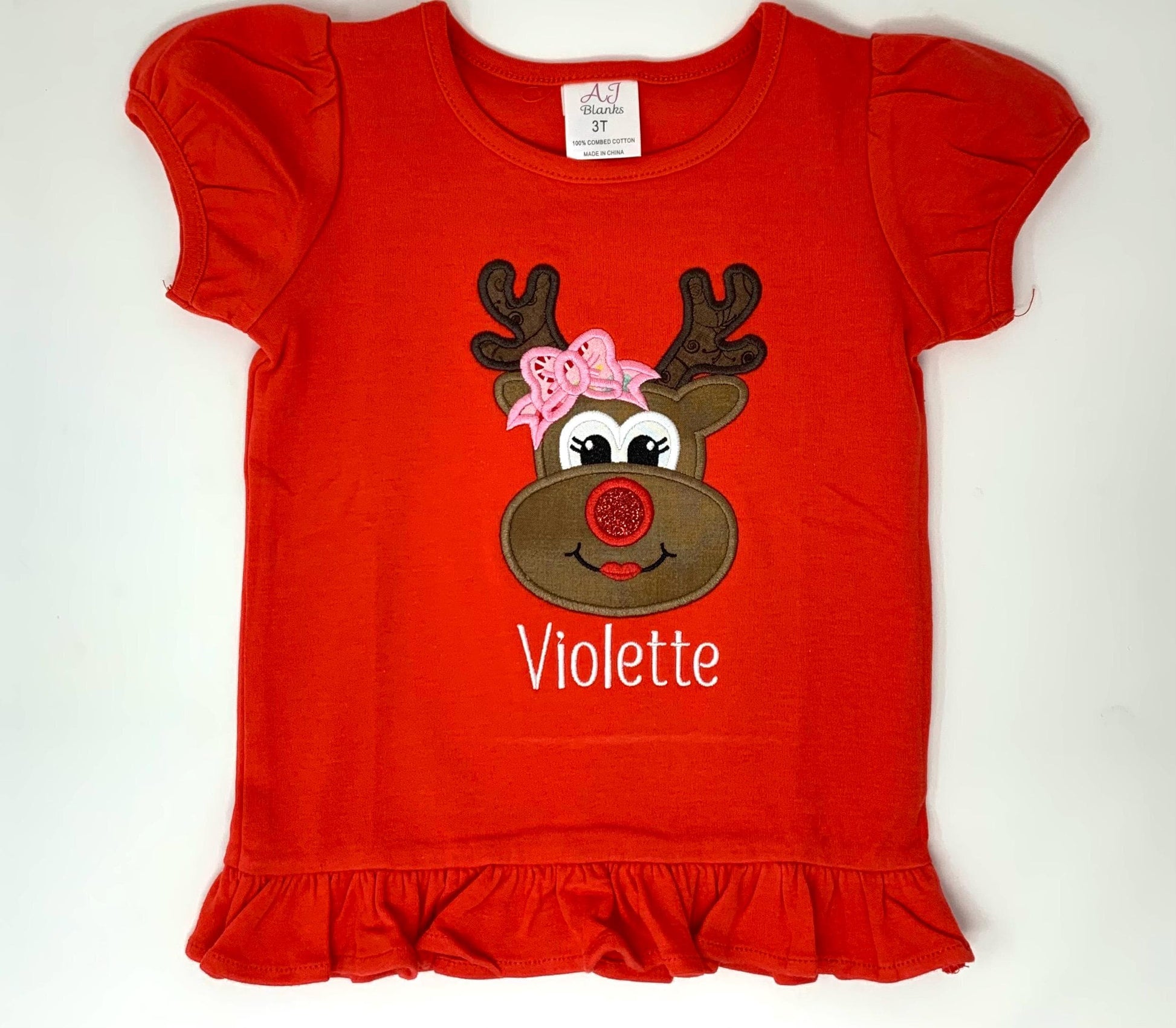 Girls Red Tee Shirt: Christmas, Reindeer applique, Toddler Girls, Personalized