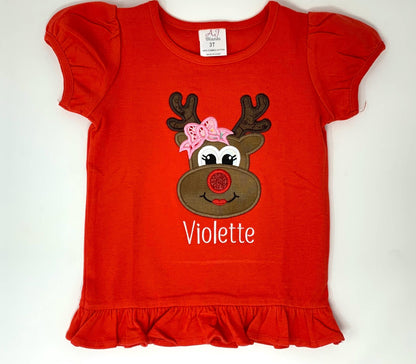 Girls Red Tee Shirt: Christmas, Reindeer applique, Toddler Girls, Personalized