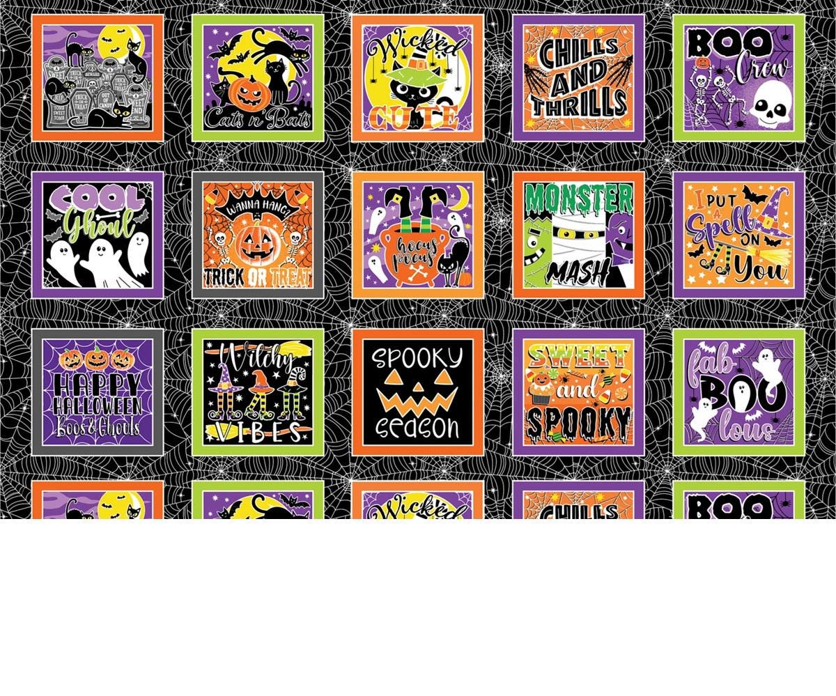 Halloween Fabric Panel: Chills and Thrills Boxes, Glow in the Dark - Benartex