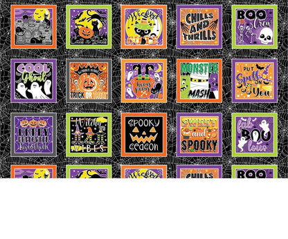 Halloween Fabric Panel: Chills and Thrills Boxes, Glow in the Dark - Benartex