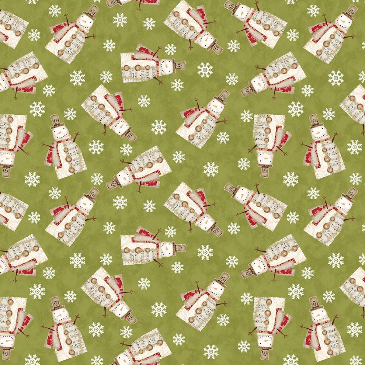 Christmas Fabric Yardage: Green Musical Snowman Snowflakes- Benartex