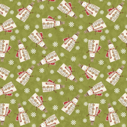 Christmas Fabric Yardage: Green Musical Snowman Snowflakes- Benartex