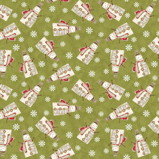 Christmas Fabric Yardage: Green Musical Snowman Snowflakes- Benartex