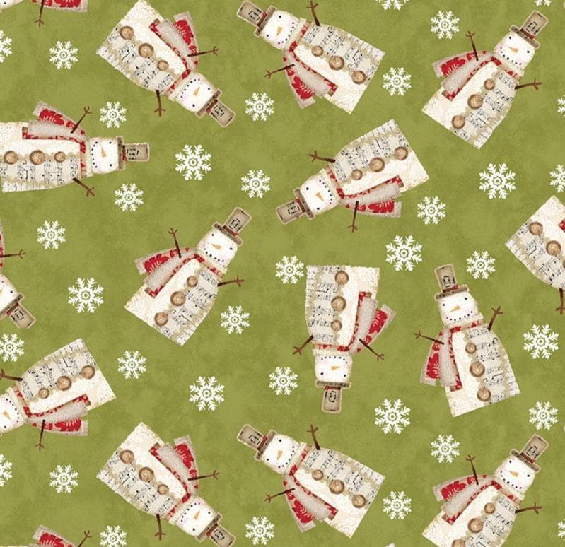 Christmas Fabric Yardage: Green Musical Snowman Snowflakes- Benartex