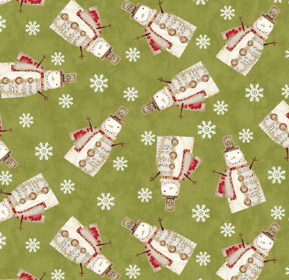 Christmas Fabric Yardage: Green Musical Snowman Snowflakes- Benartex