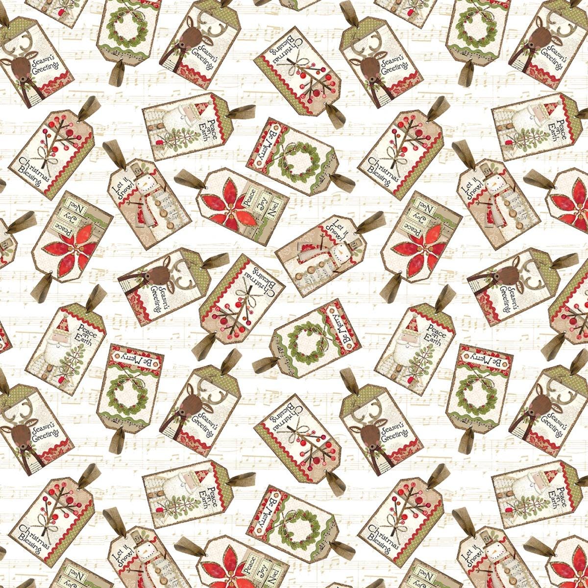 Christmas Fabric Yardage: Cream Tossed Tags - Benartex