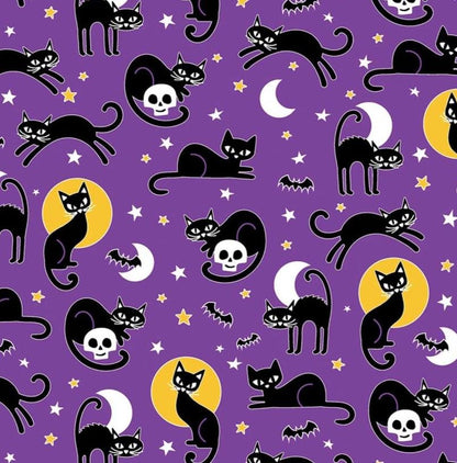Halloween Fabric Yardage: Purple Spooky Cats, Glow in the Dark - Benartex