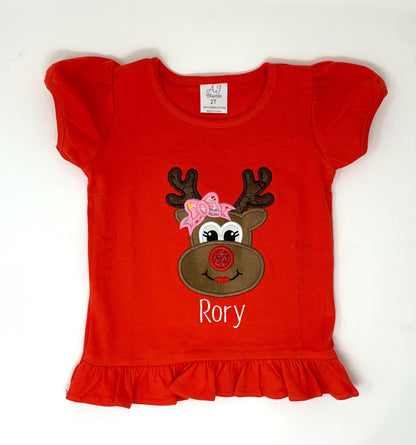 Girls Red Tee Shirt: Christmas, Reindeer applique, Toddler Girls, Personalized