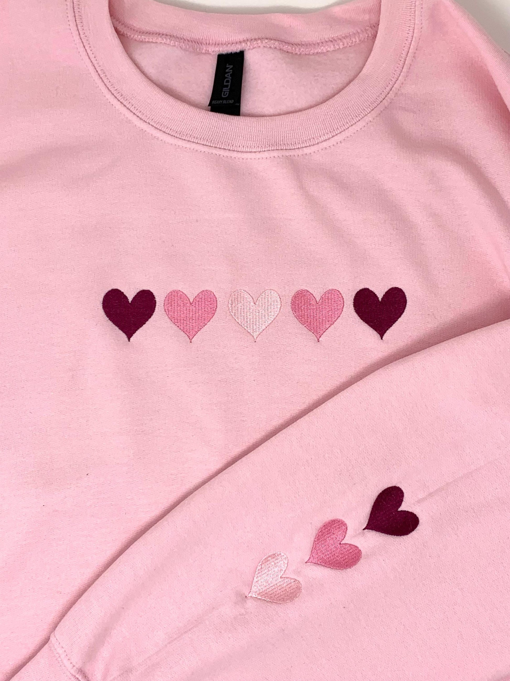 Hearts Sweatshirt: embroidered hearts, Valentine’s Day, Pink sweatshirt, White sweatshirt