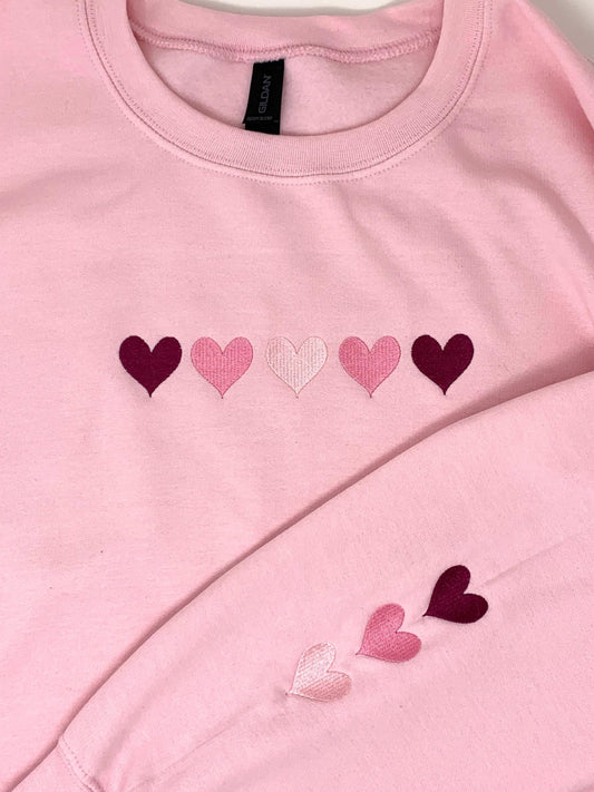 Hearts Sweatshirt: embroidered hearts, Valentine’s Day, Pink sweatshirt, White sweatshirt