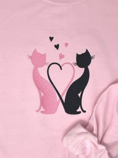 Kitty Love Sweatshirt: embroidered cats, hearts, Valentine’s Day, Pink sweatshirt, White sweatshirt
