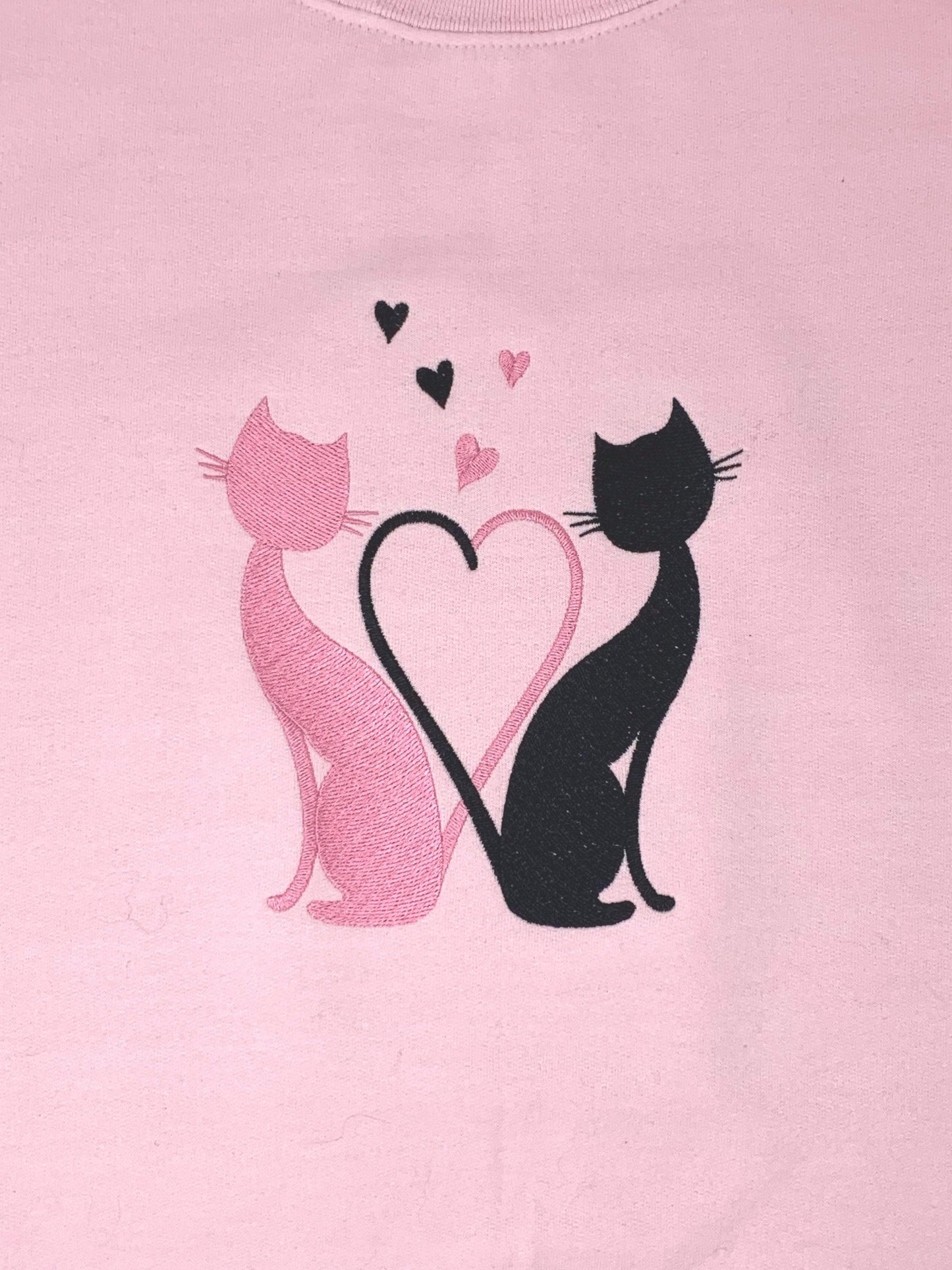 Kitty Love Sweatshirt: embroidered cats, hearts, Valentine’s Day, Pink sweatshirt, White sweatshirt