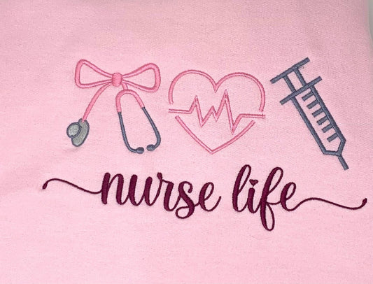 Nurse Life Sweatshirt: Embroidered Medical, Stethoscope, Heart, Syringe, Crewneck, Pink, White