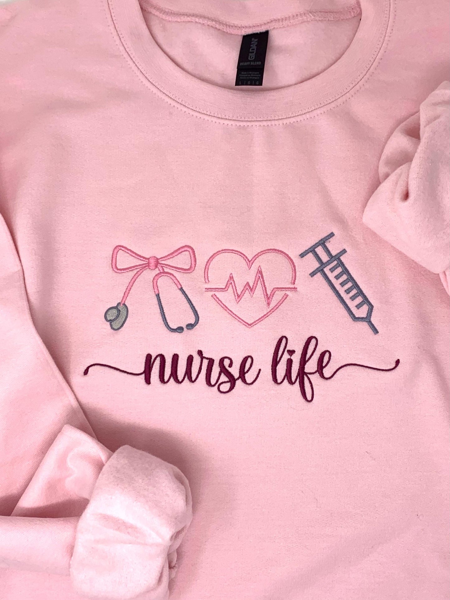Nurse Life Sweatshirt: Embroidered Medical, Stethoscope, Heart, Syringe, Crewneck, Pink, White
