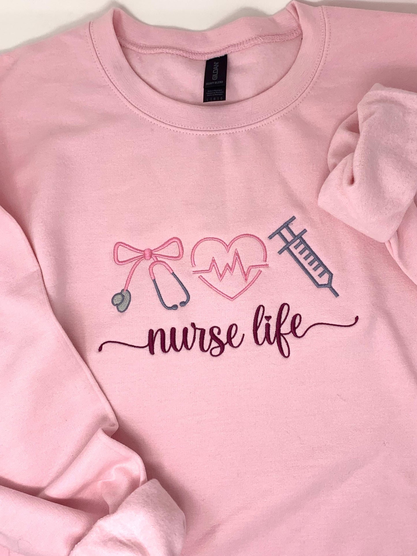 Nurse Life Sweatshirt: Embroidered Medical, Stethoscope, Heart, Syringe, Crewneck, Pink, White