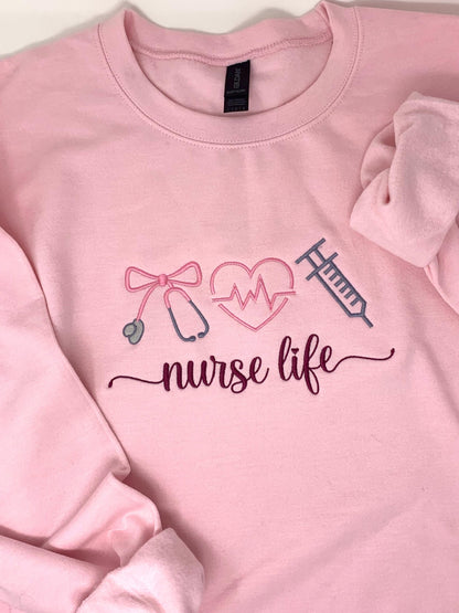 Nurse Life Sweatshirt: Embroidered Medical, Stethoscope, Heart, Syringe, Crewneck, Pink, White