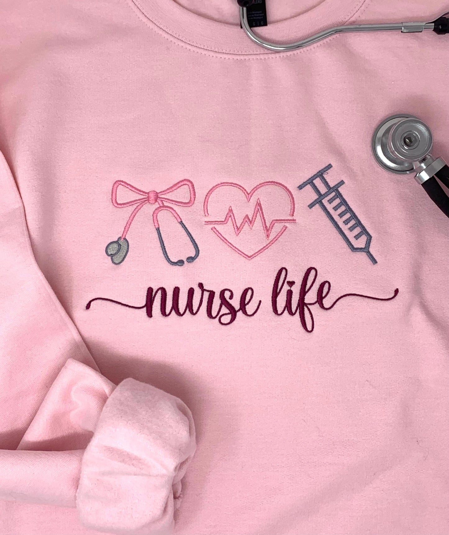 Nurse Life Sweatshirt: Embroidered Medical, Stethoscope, Heart, Syringe, Crewneck, Pink, White