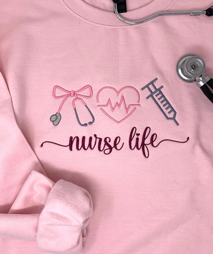 Nurse Life Sweatshirt: Embroidered Medical, Stethoscope, Heart, Syringe, Crewneck, Pink, White