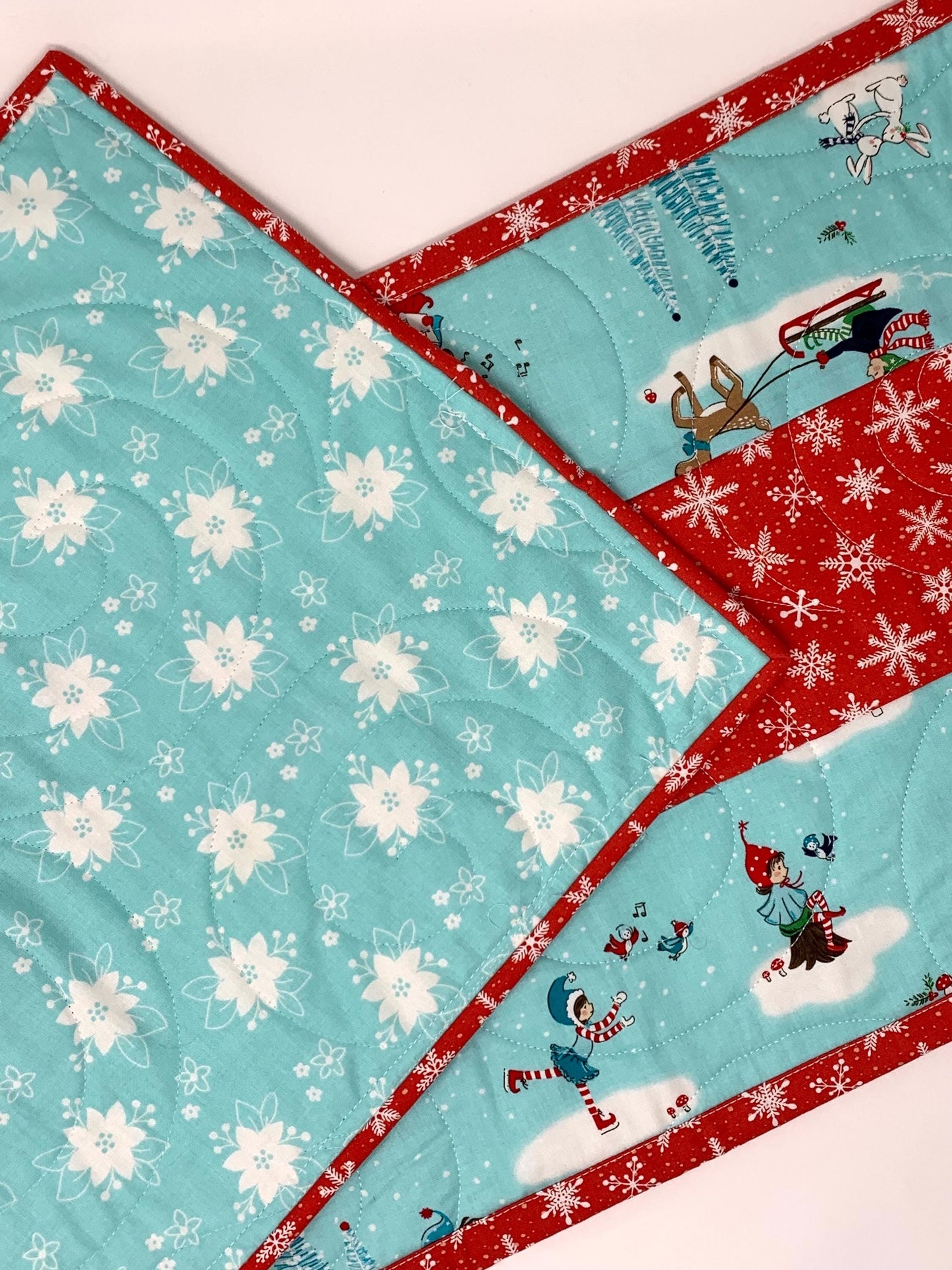 Winter Table Runner Quilt, Blue, Red, Snowflakes, Handmade