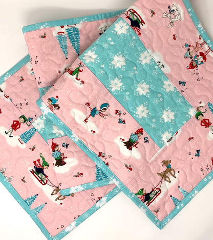 Winter Table Runner Quilt, Pink, Blue, Handmade