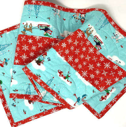 Winter Table Runner Quilt, Blue, Red, Snowflakes, Handmade