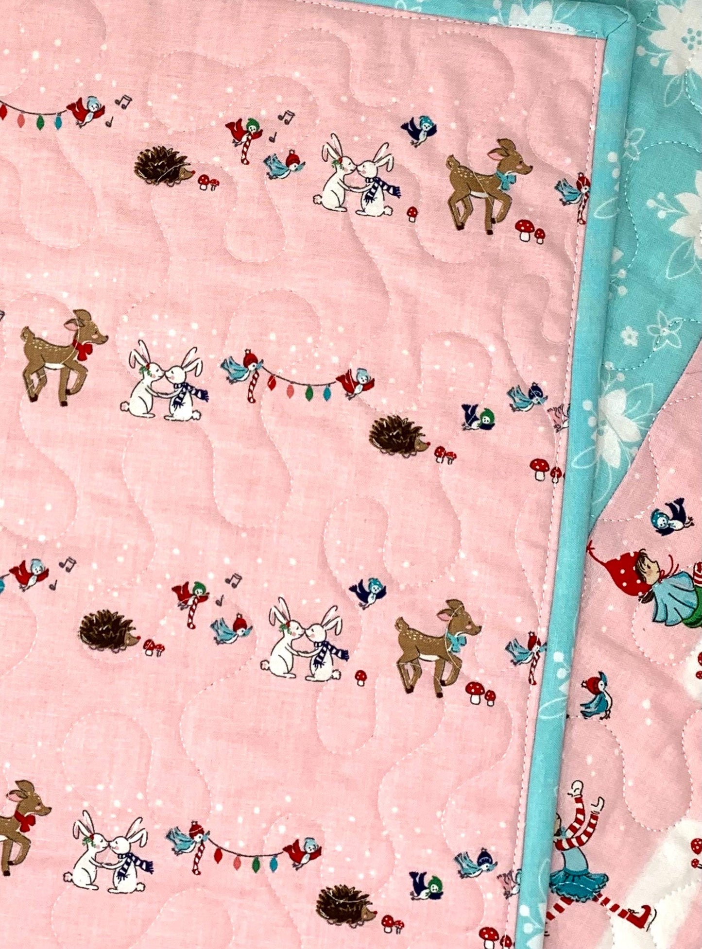 Winter Table Runner Quilt, Pink, Blue, Handmade