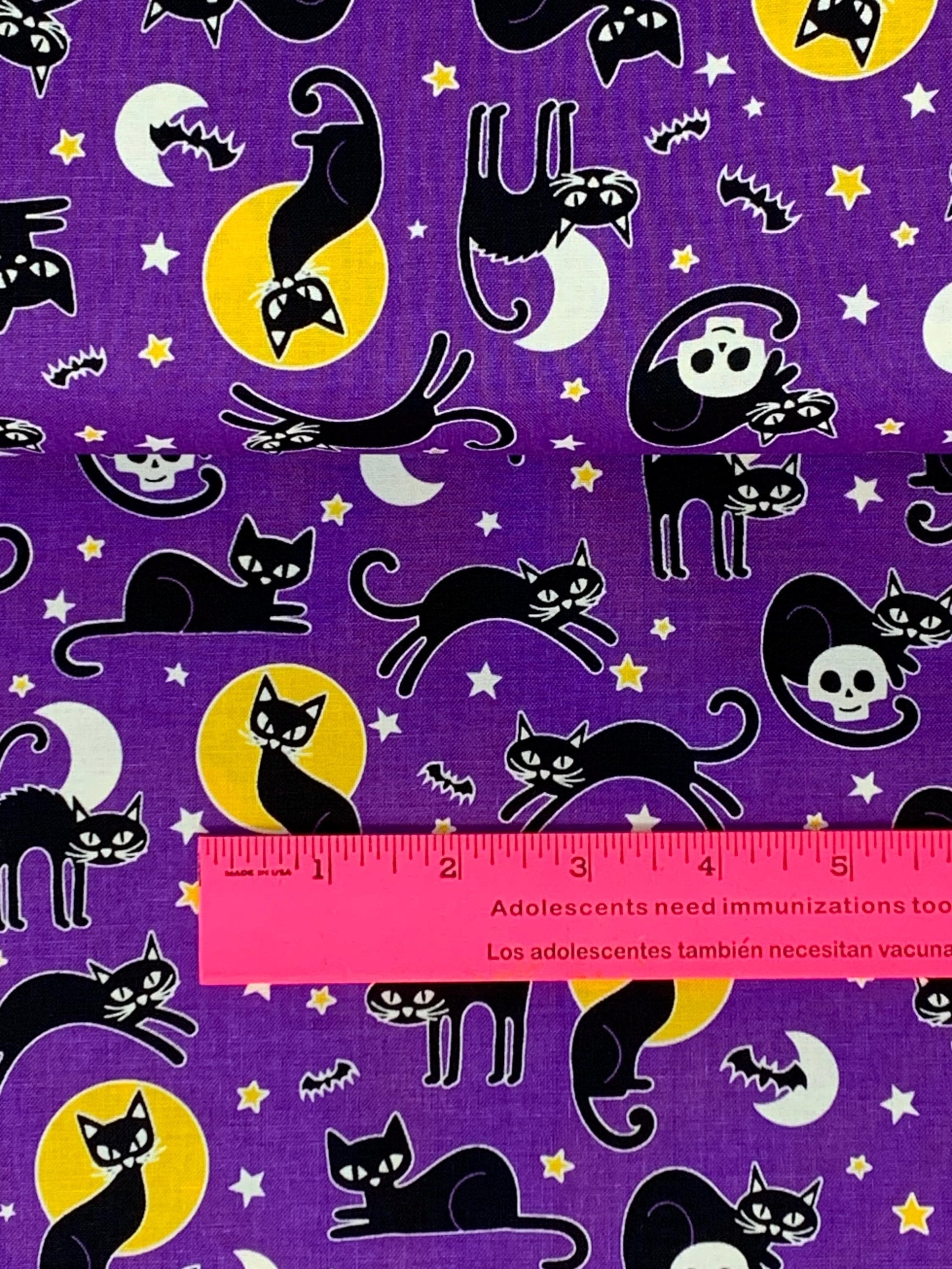 Halloween Fabric Yardage: Purple Spooky Cats, Glow in the Dark - Benartex