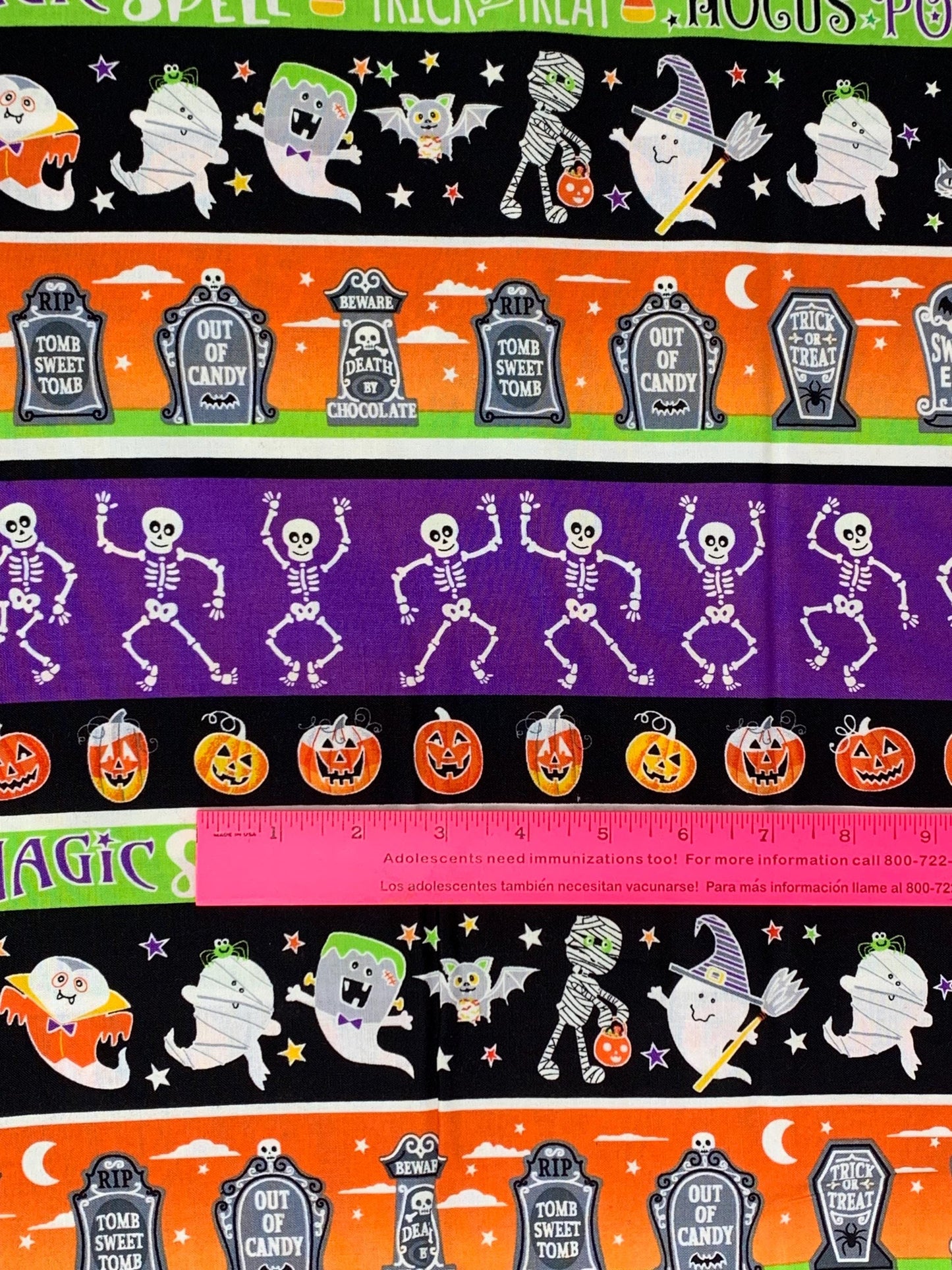 Halloween Fabric Yardage: Multi Haunted Stripe, Glow in the Dark - Benartex